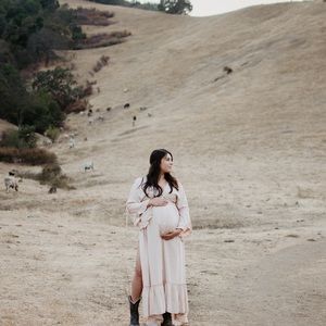 Maternity ruffled long dress slit long sleeve